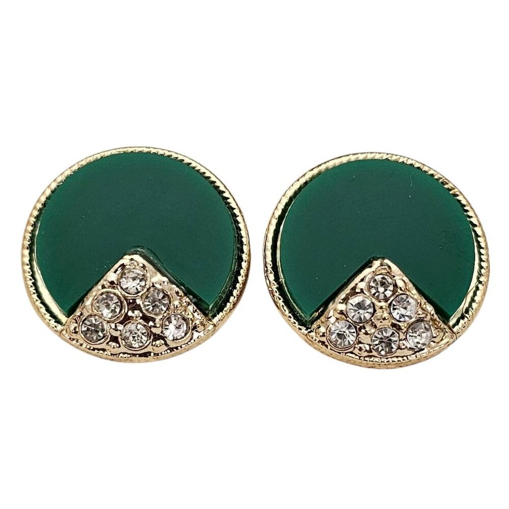 Gold Tone Clear Rhinestone Green Inlay Clip-On Earrings